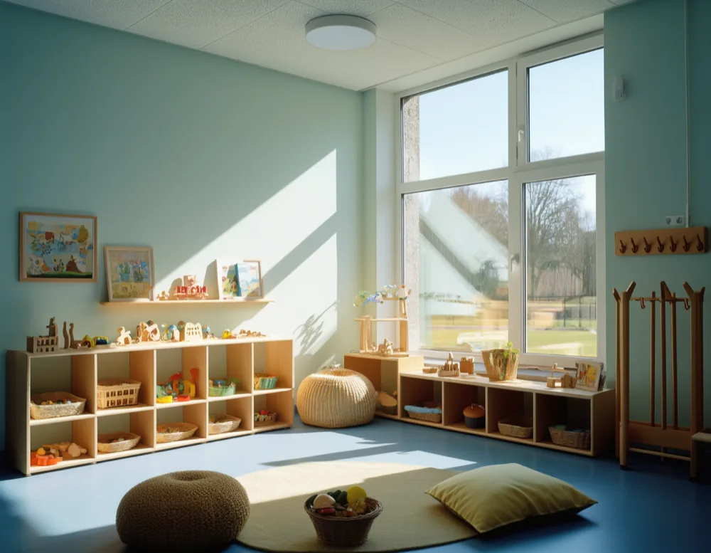 The childcare room with low shelves of wooden toys, a round rug and a reading corner