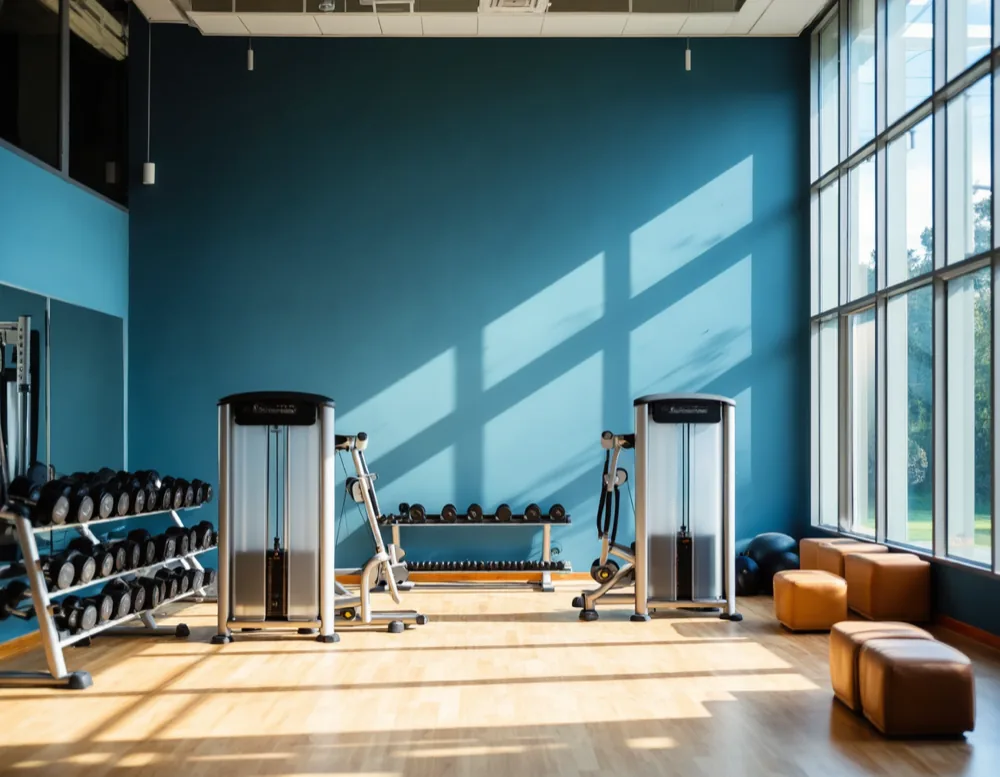 The training floor with a dumbbell rack, two cable machines and mats under tall daylight windows