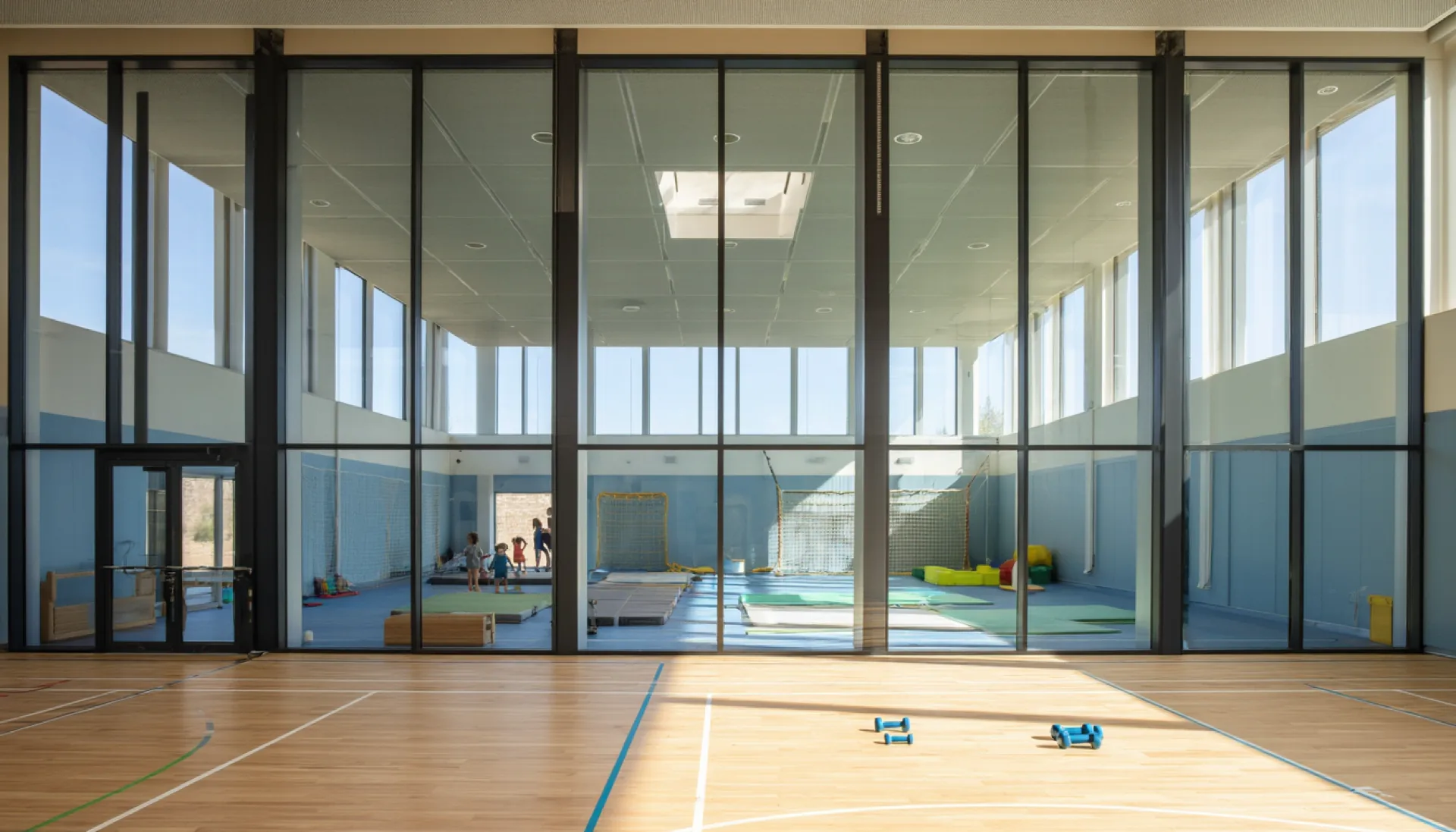 The bright training floor at Sportpark Lessing, looking through the glass wall towards the children's hall