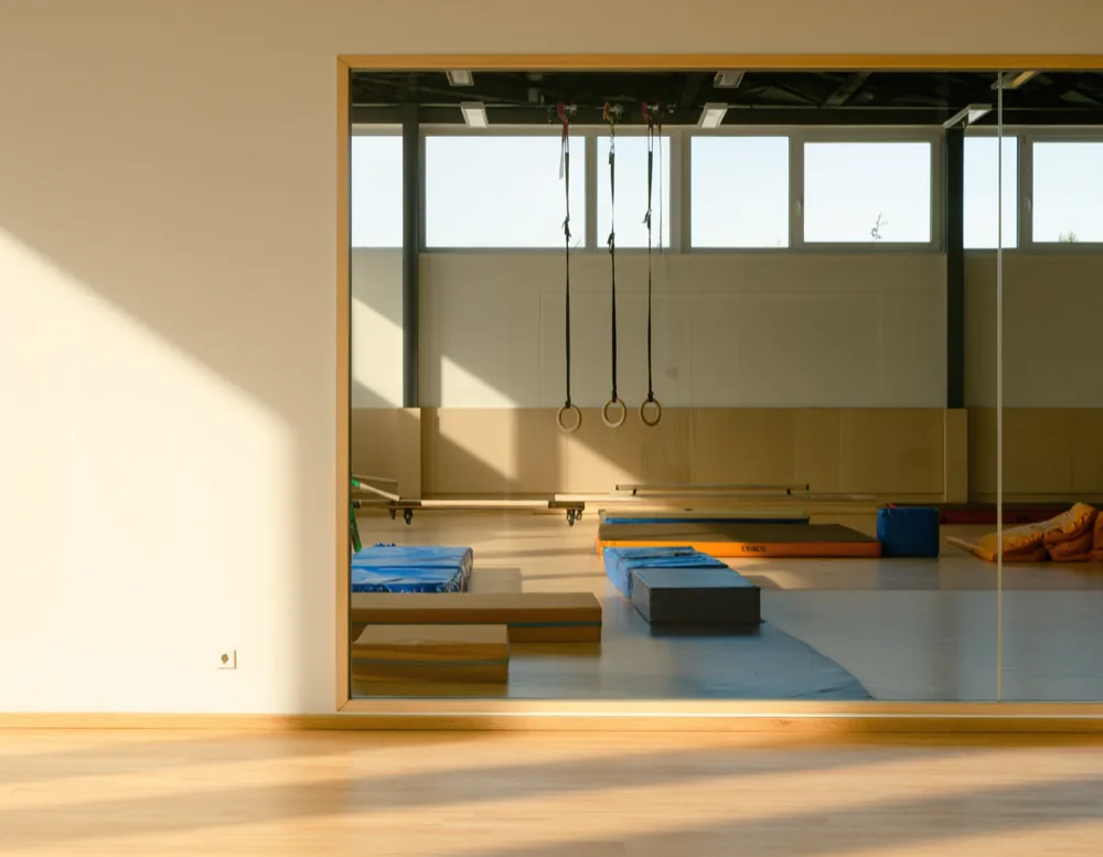 The children's hall seen through the glass wall from the adult training floor: foam blocks, a low beam and gymnastic rings in daylight